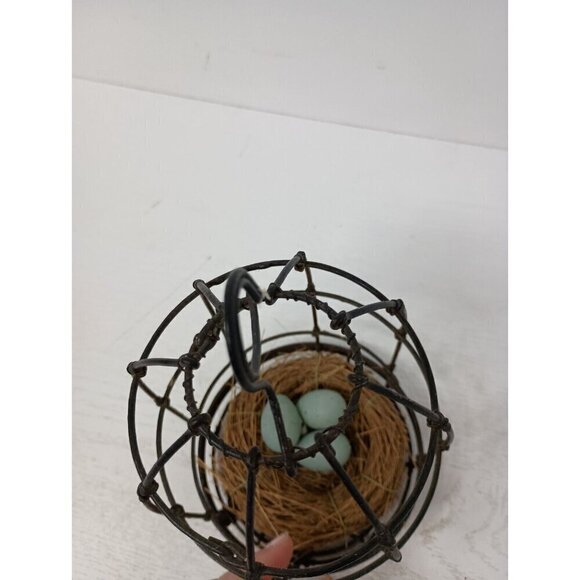 Vintage Metal Wire Cage With Bird Nest & Eggs Farmhouse Rustic Hanging Decor - Picture 6 of 9